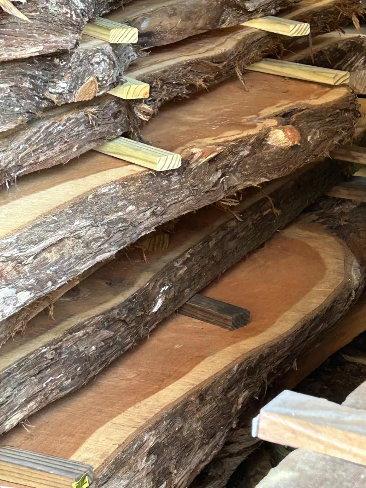 Stack of rough wooden planks with bark edges in a workshop.