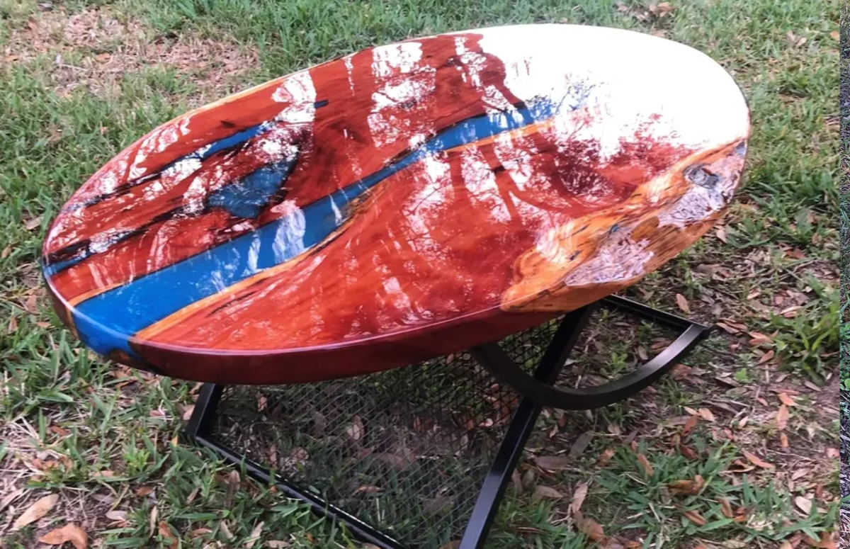 Artistic table with colorful resin design
