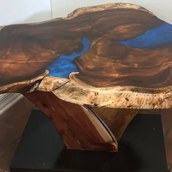 Artistic wood and blue resin furniture